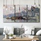 Three-panel canvas wall art featuring historic canal view with boats, displayed in a modern living room above seating.