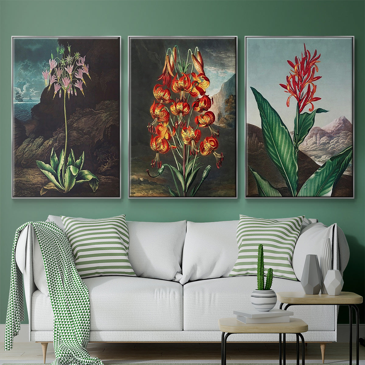 Temple of Flora I - Framed Premium Gallery Wrapped Canvas L Frame 3 Piece Set - Ready to Hang