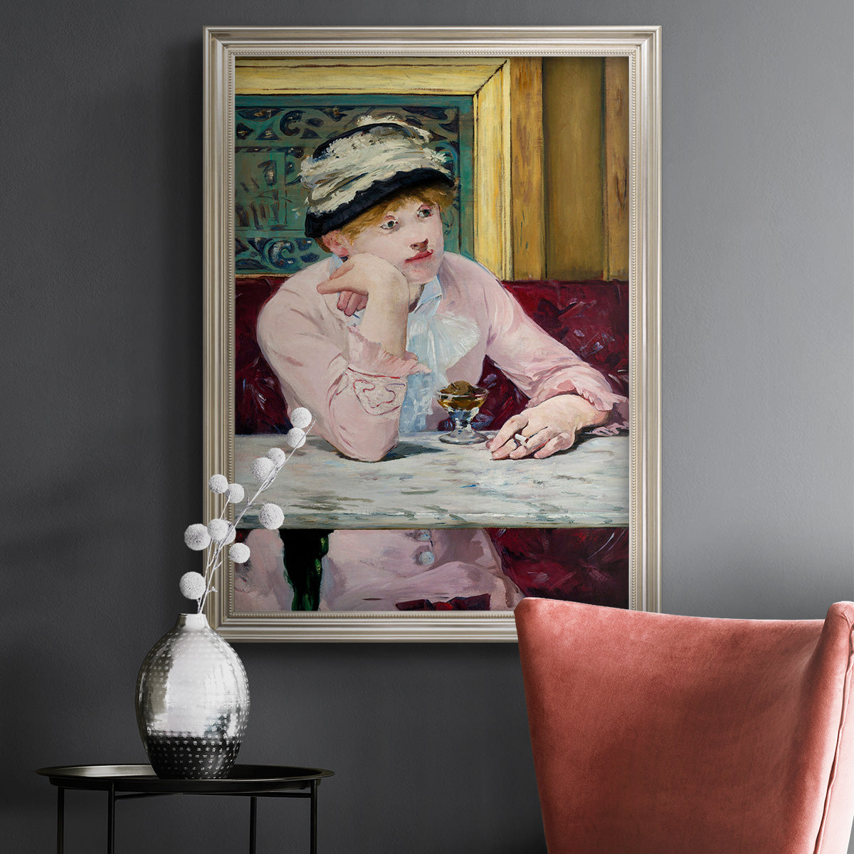 Impressionist portrait scene with plum brandy by Édouard Manet in an ornate champagne frame displayed in a dark-toned interior setting.