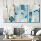 Three-panel canvas wall art featuring layered geometric abstract strata forms, displayed in a modern living room above seating.