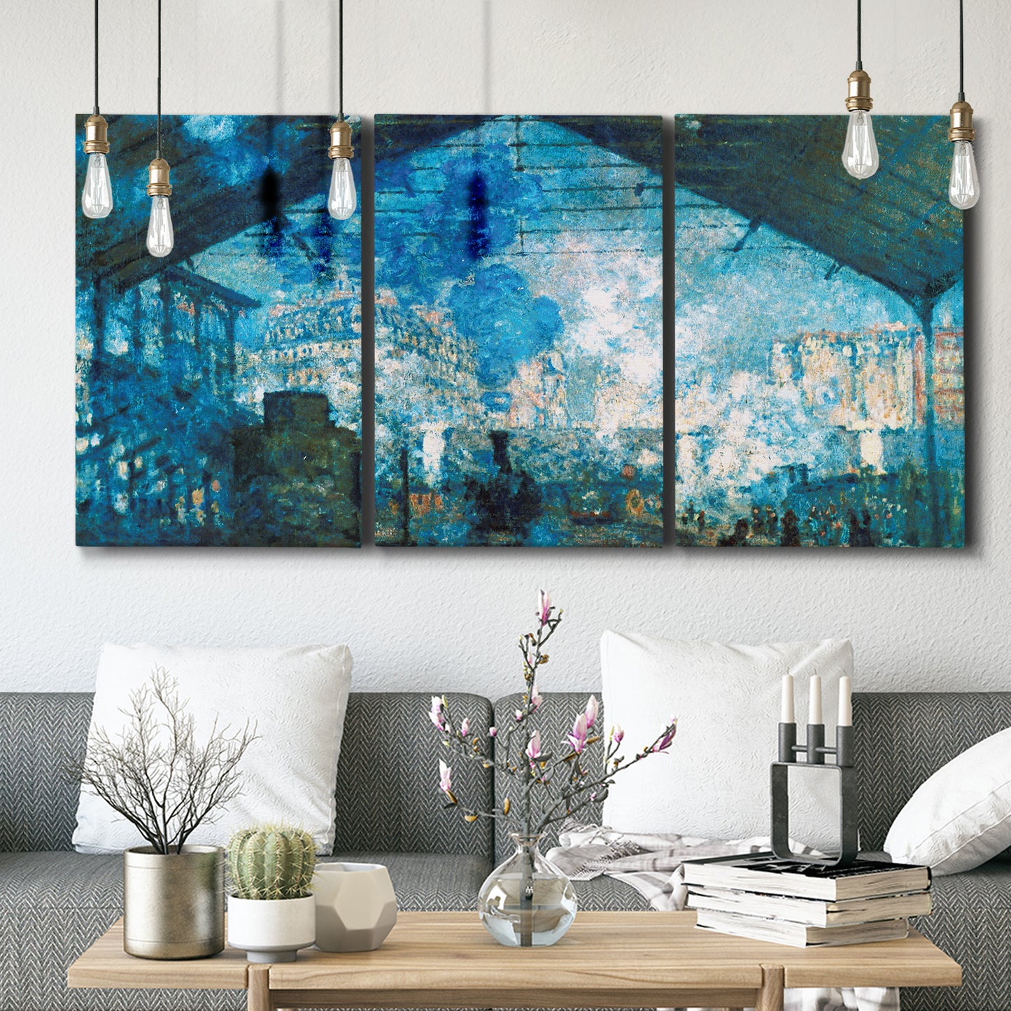 Three-panel canvas wall art featuring railway station filled with steam, displayed in a modern living room above seating.