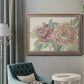 Modern peony floral drawing in an ornate traditional silver frame displayed in a neutral interior setting.