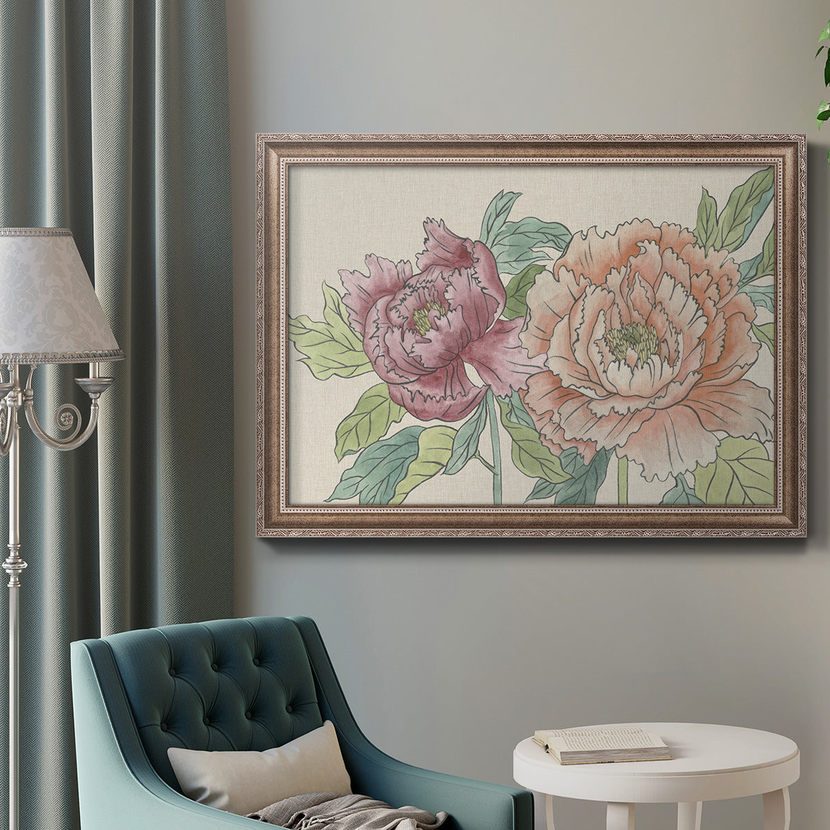 Modern peony floral drawing in an ornate traditional silver frame displayed in a neutral interior setting.