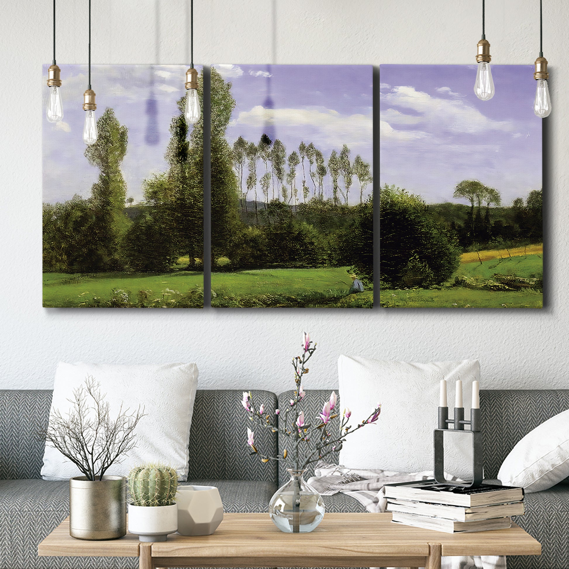 Three-panel canvas wall art featuring open landscape near le havre, displayed in a modern living room above seating.