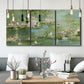 Three-panel canvas wall art featuring soft green water lilies, displayed in a modern living room above seating.