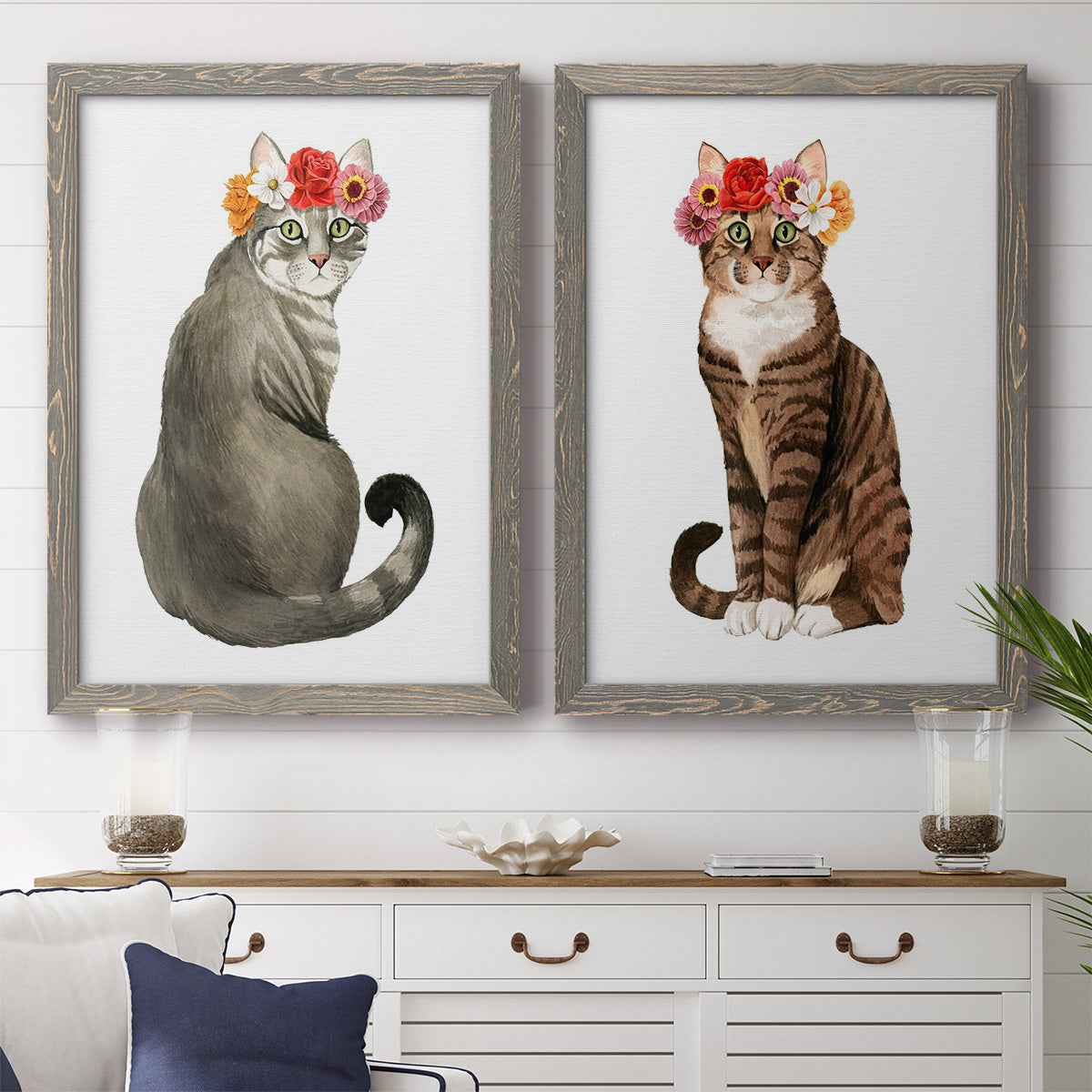 Flower Crown Cats I - Premium Framed Canvas 2 Piece Set - Ready to Hang