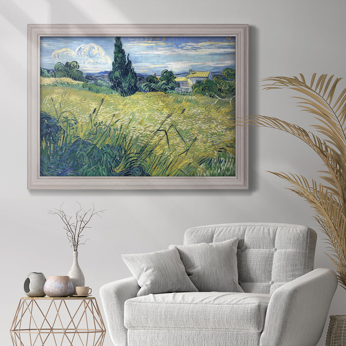 Green Wheat Field with Cypress - Ornate Framed Canvas Print