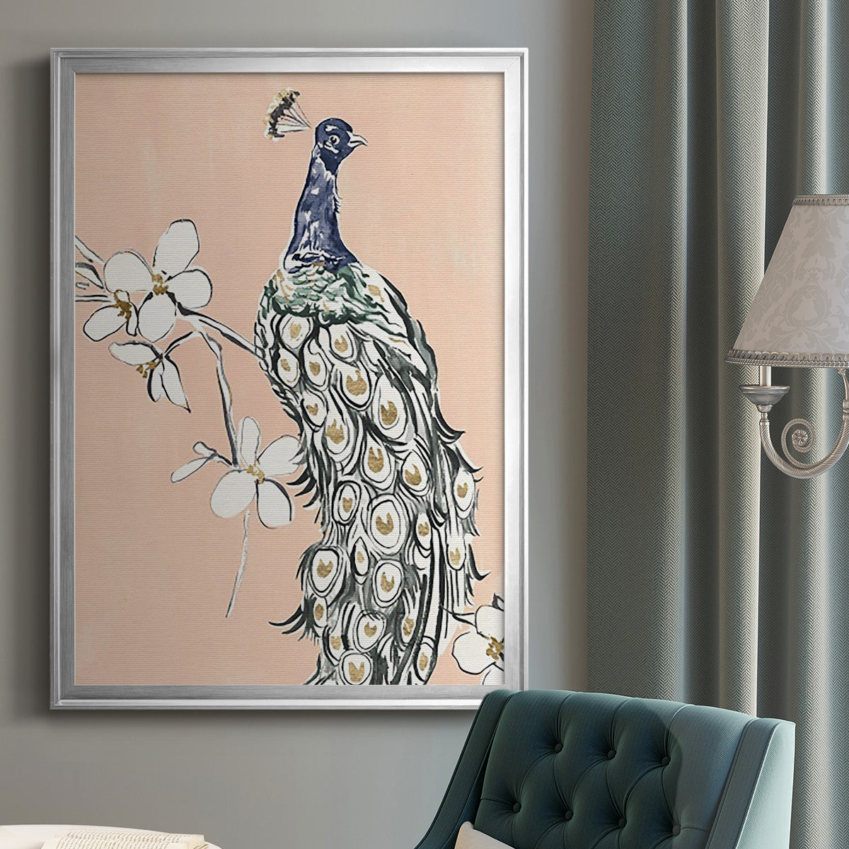 Peacock in Gold III - Modern Framed Canvas Print