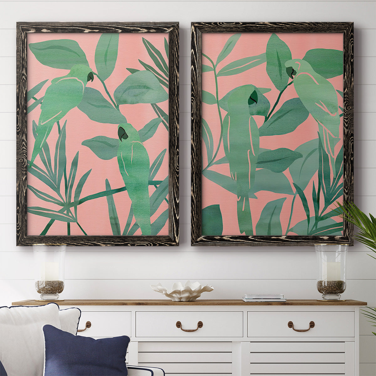 Pink and Green Birds of Paradise I - Premium Framed Canvas 2 Piece Set - Ready to Hang