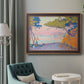 Pointillist coastal seascape by Paul Signac in an ornate bronzed mahogany wood frame displayed in a bright interior setting.