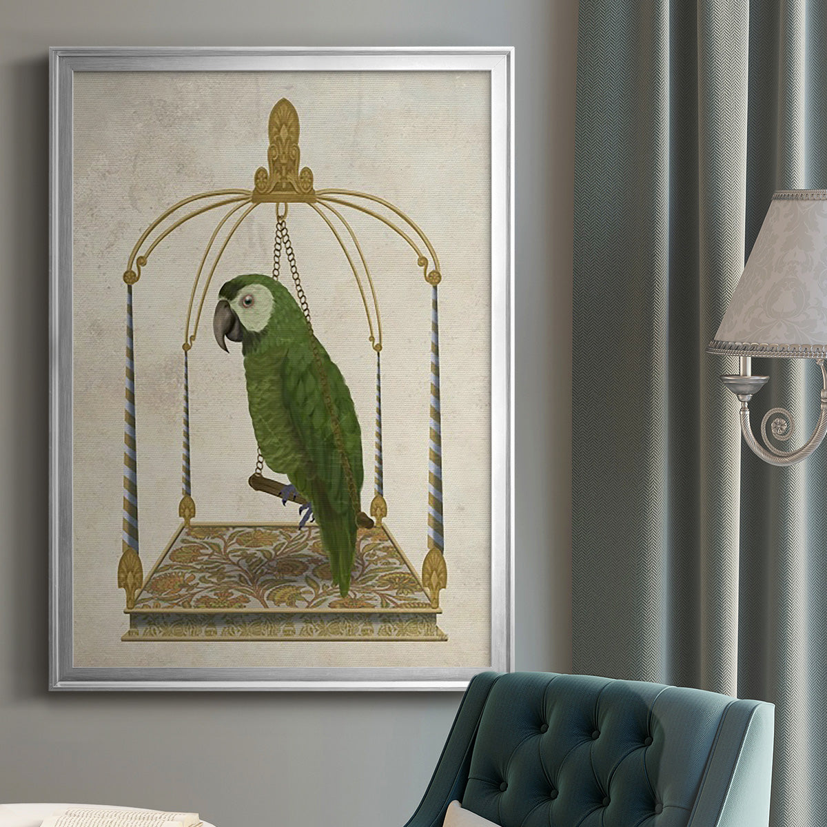 Green Parrot on Swing - Modern Framed Canvas Print