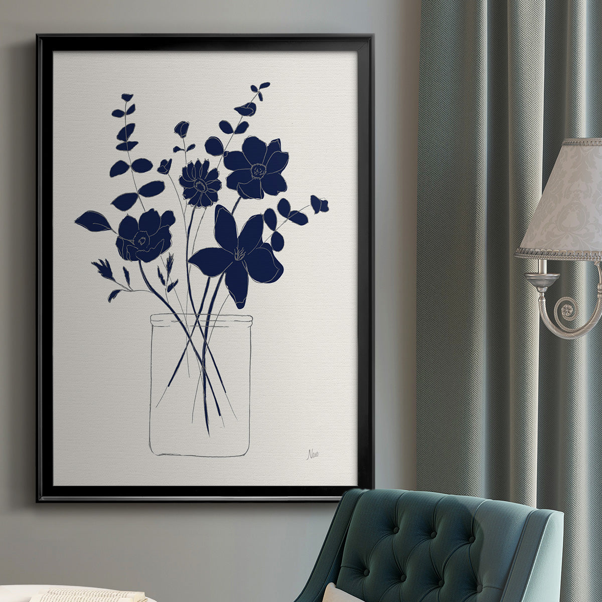 Indigo Sketch Bouquet I - Modern Framed Canvas Print