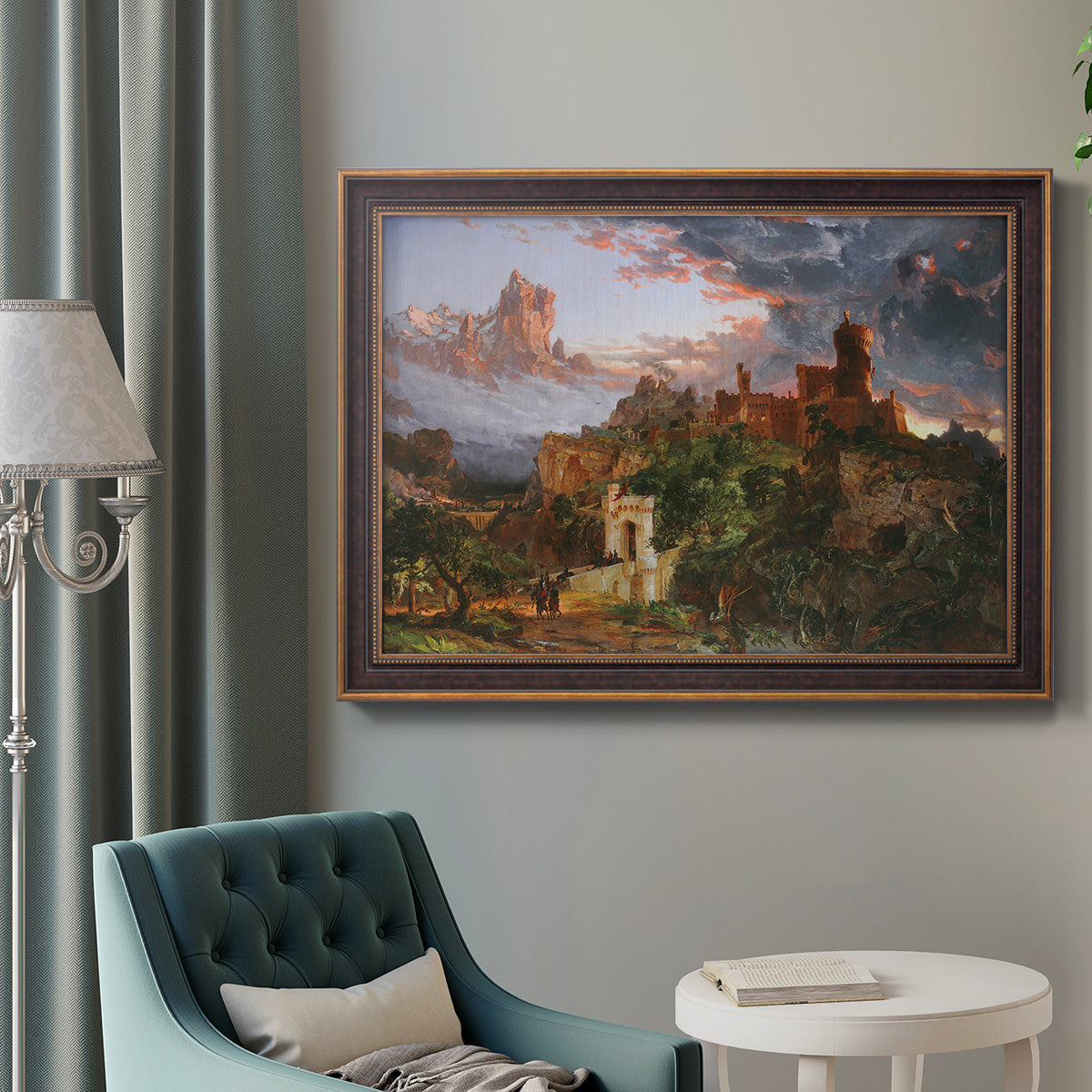 Romantic allegorical landscape painting by Jasper Francis Cropsey in an ornate bronzed mahogany wood frame displayed in a bright interior setting.