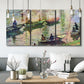 Three-panel canvas wall art featuring river scene with boats and reflections, displayed in a modern living room above seating.
