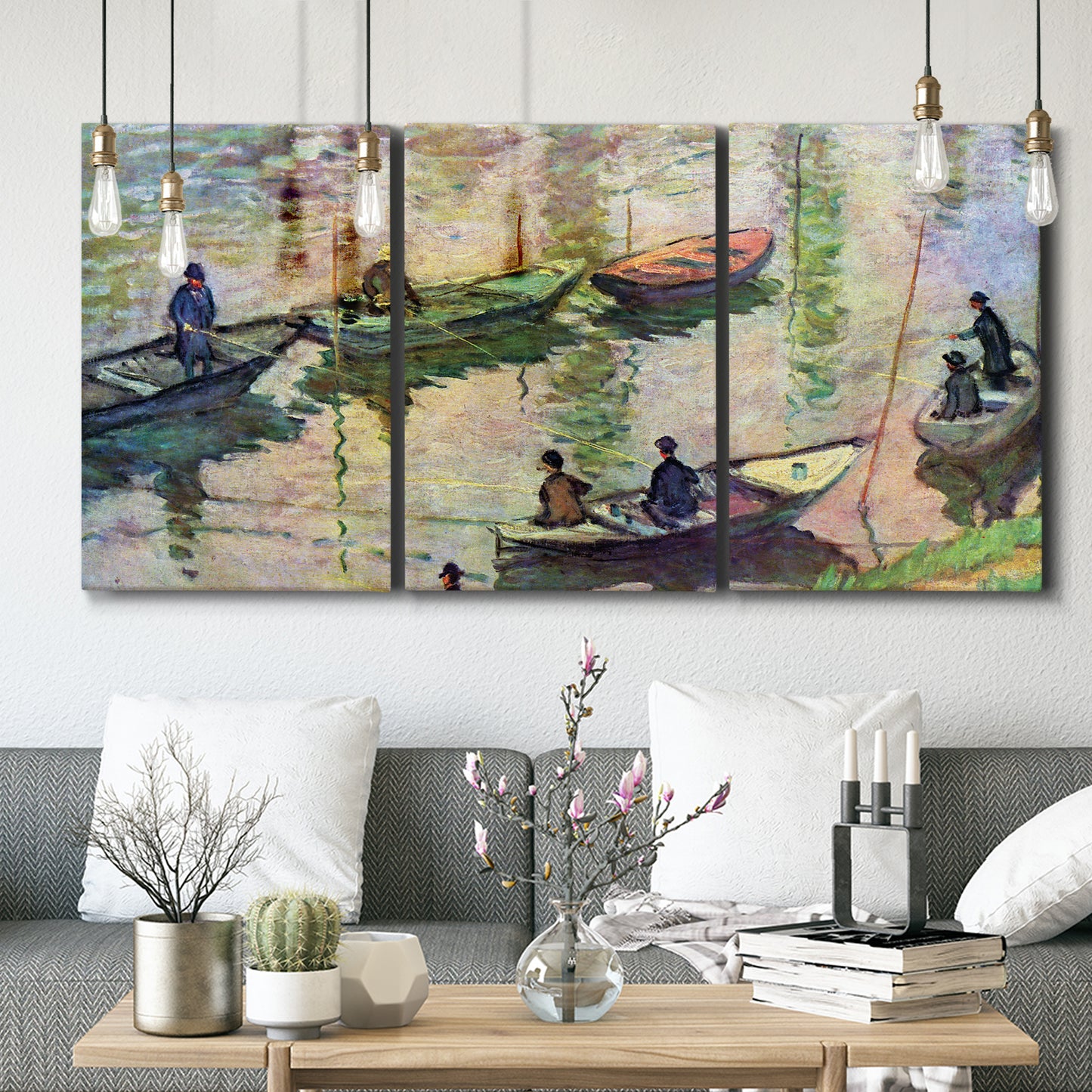 Three-panel canvas wall art featuring river scene with boats and reflections, displayed in a modern living room above seating.