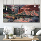 Three-panel canvas wall art featuring rugged canyon landscape with wildlife, displayed in a modern living room above seating.