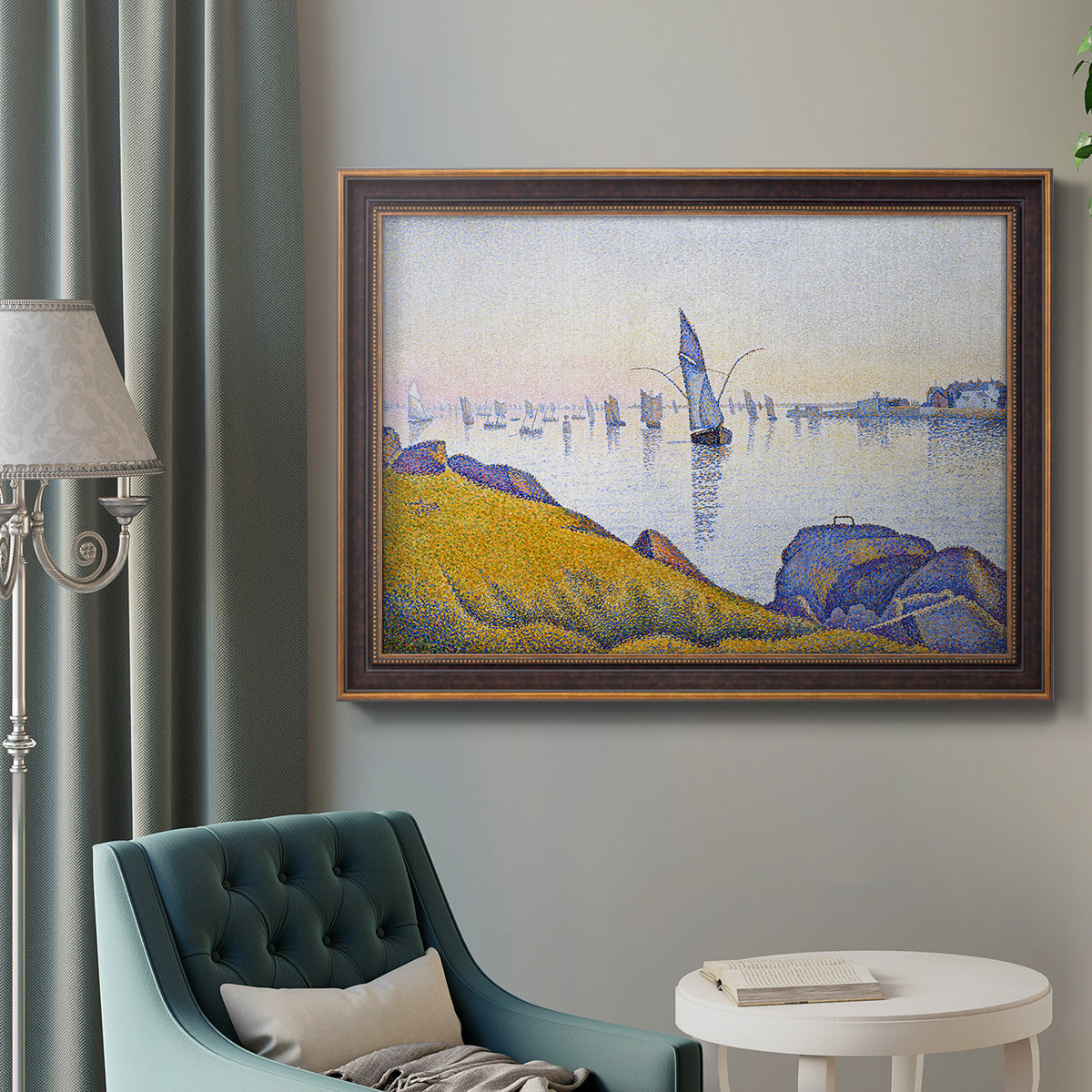 Impressionist coastal harbor at dusk by Paul Signac in an ornate bronzed mahogany wood frame displayed in a neutral interior setting.