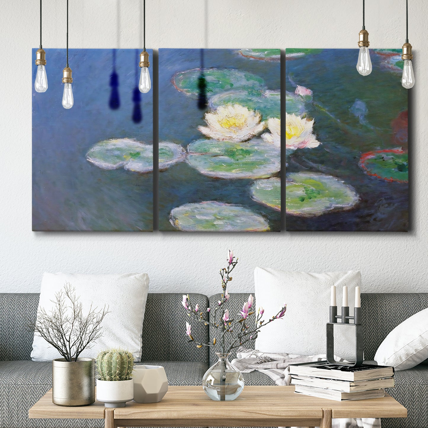 Three-panel canvas wall art featuring water lilies floating on pond, displayed in a modern living room above seating.