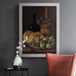 Realist still life with figs and bread by Luis Meléndez in an ornate weathered white frame displayed in a dark-toned interior setting.