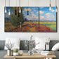 Three-panel canvas wall art featuring summer poppy field in bloom, displayed in a modern living room above seating.