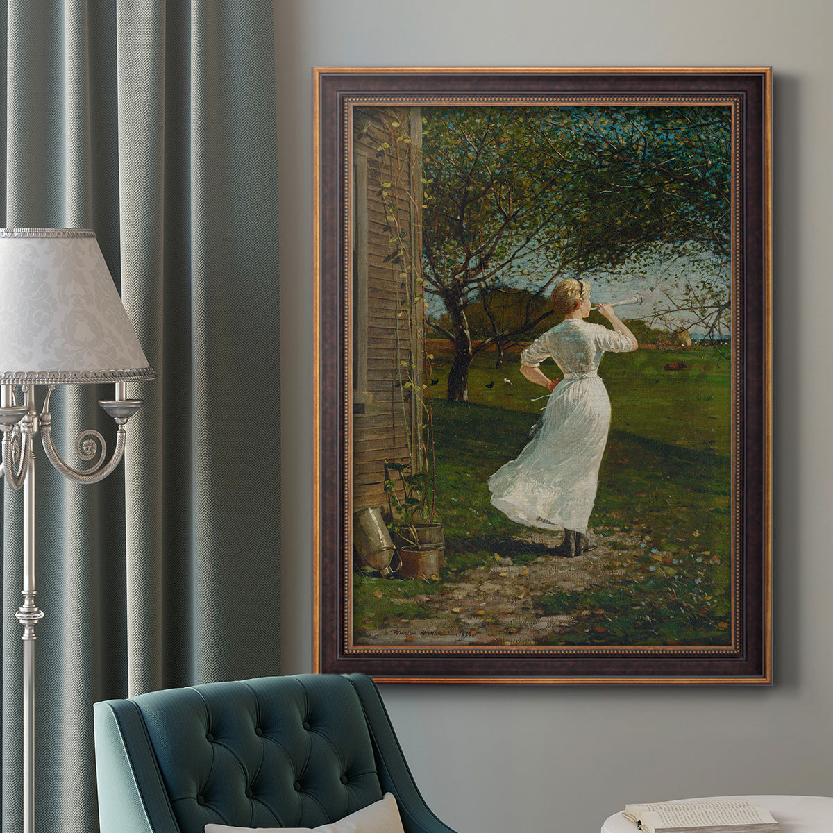 Narrative religious genre scene by Winslow Homer in an ornate bronzed mahogany wood frame displayed in a dark-toned interior setting.