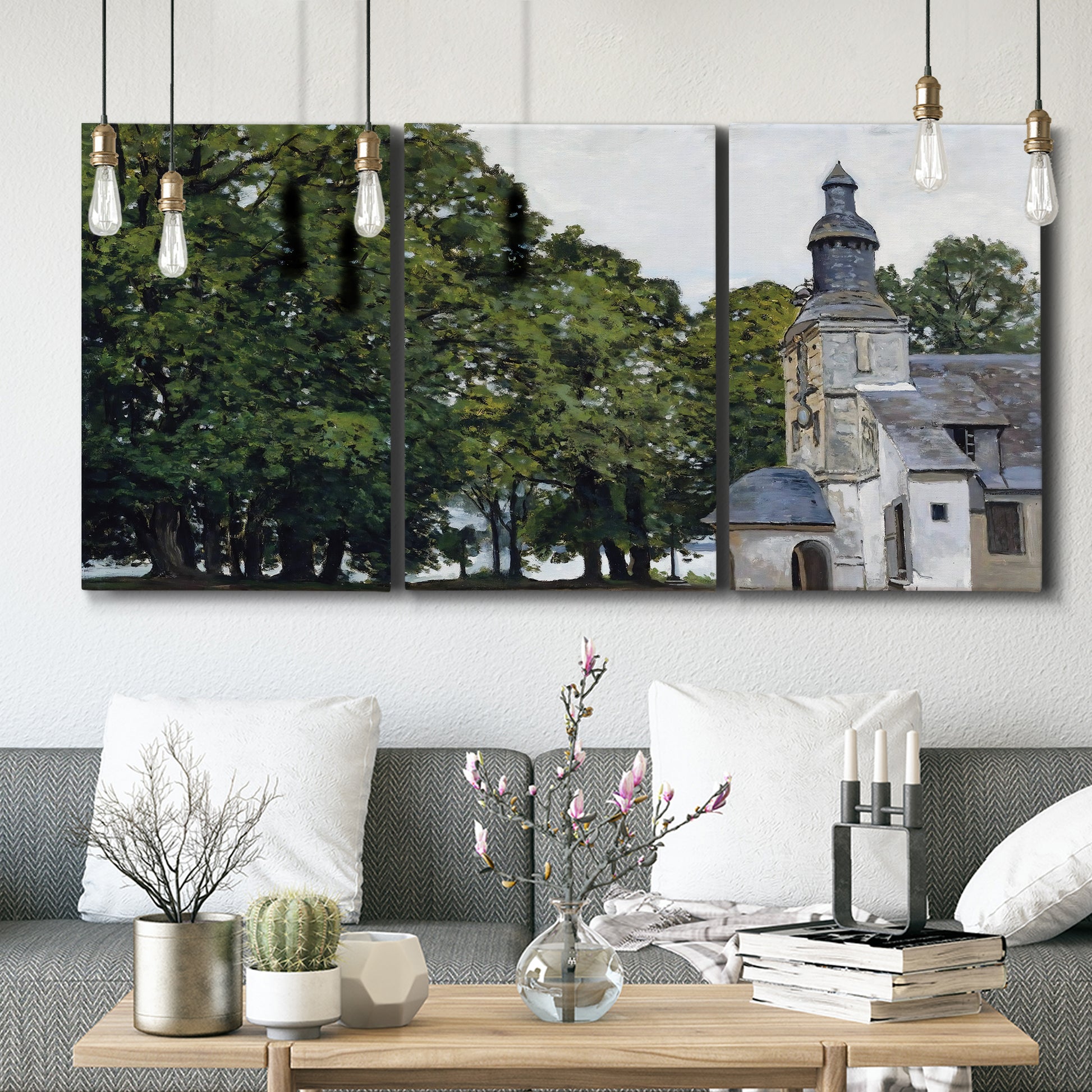 Three-panel canvas wall art featuring chapel building in rural setting, displayed in a modern living room above seating.