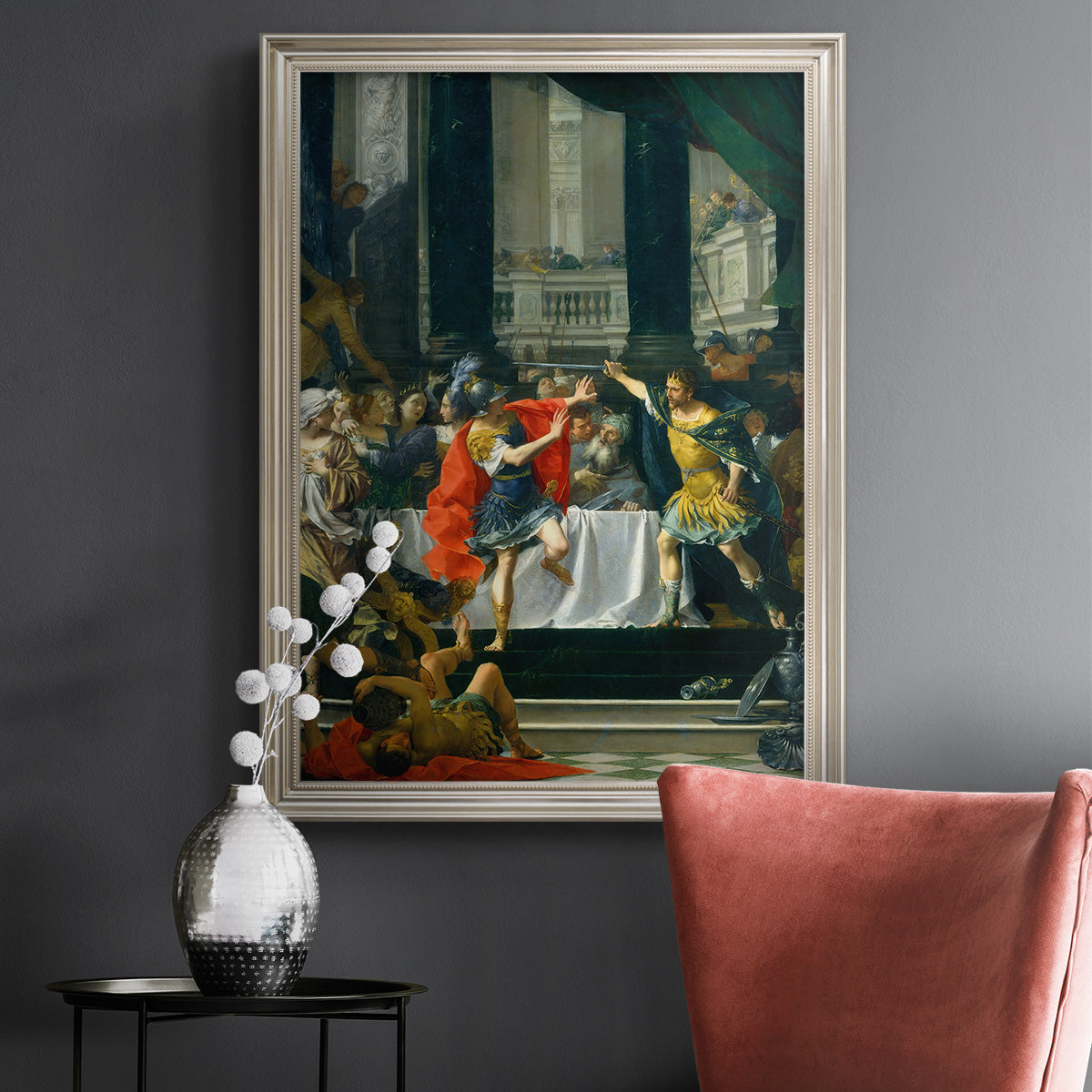 Classical historical painting of Alexander the Great by Donato Creti in an ornate champagne frame displayed in a dark-toned interior setting.