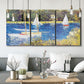Three-panel canvas wall art featuring river scene with reflections, displayed in a modern living room above seating.