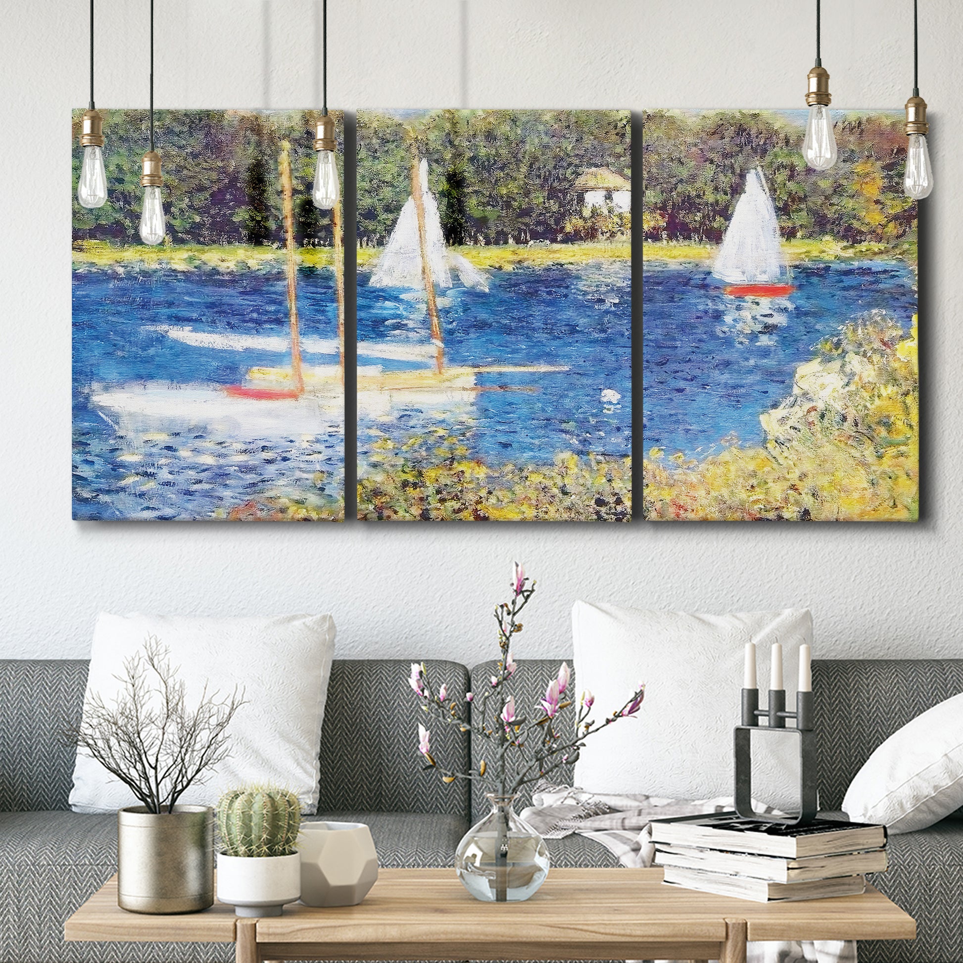 Three-panel canvas wall art featuring river scene with reflections, displayed in a modern living room above seating.