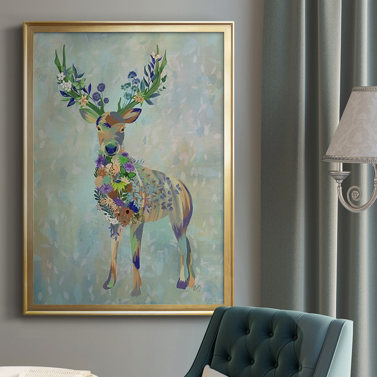 Fantastic Florals Deer, Full - Modern Framed Canvas Print