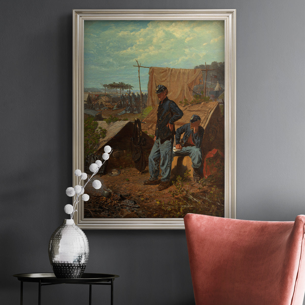 American genre scene of domestic life by Winslow Homer in an ornate champagne frame displayed in a dark-toned interior setting.