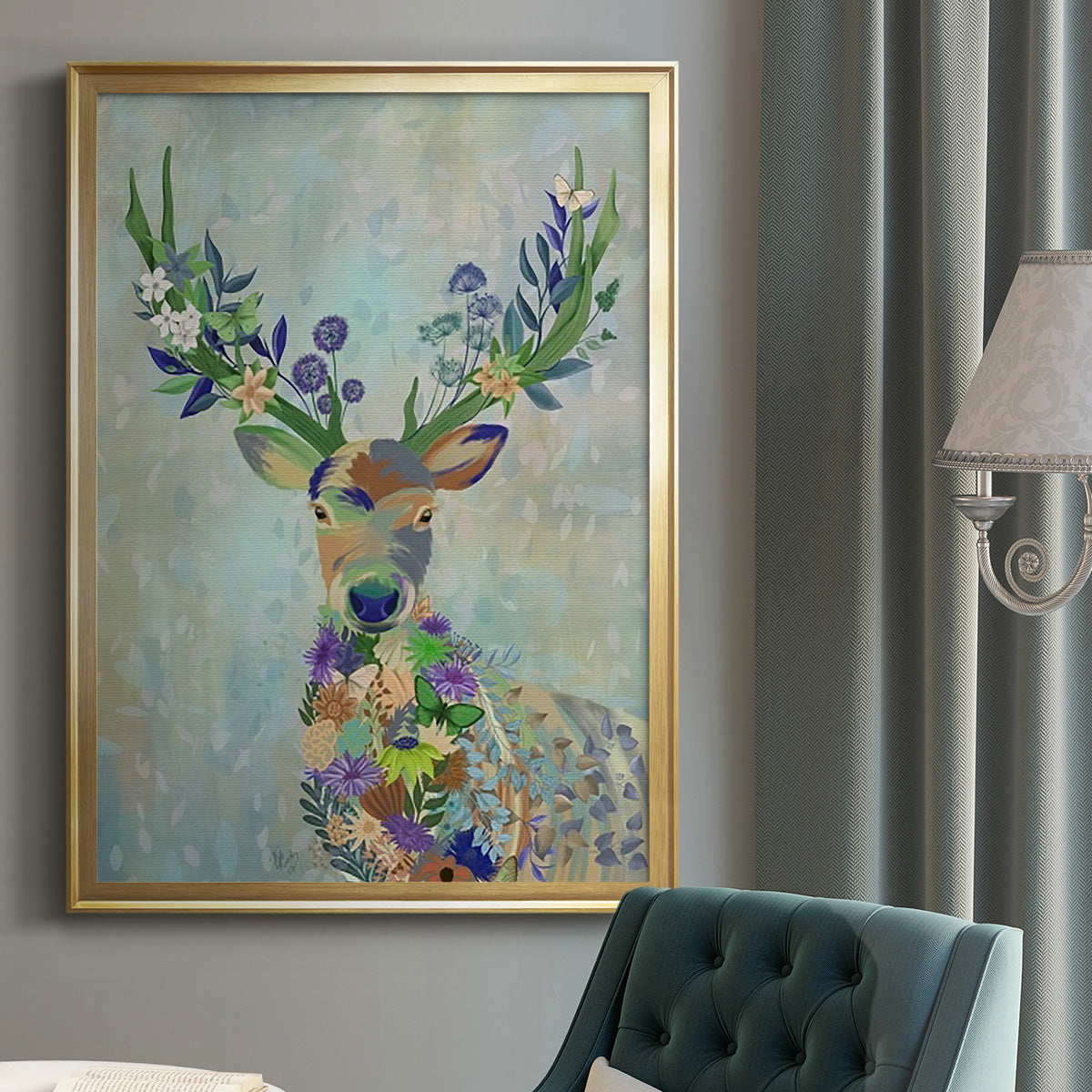 Fantastic Florals Deer, Portrait - Modern Framed Canvas Print