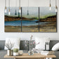 Three-panel canvas wall art featuring peaceful lakeside shoreline landscape, displayed in a modern living room above seating.