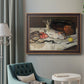 Impressionist still life painting of fish by Édouard Manet in an ornate bronzed mahogany wood frame displayed in a bright interior setting.