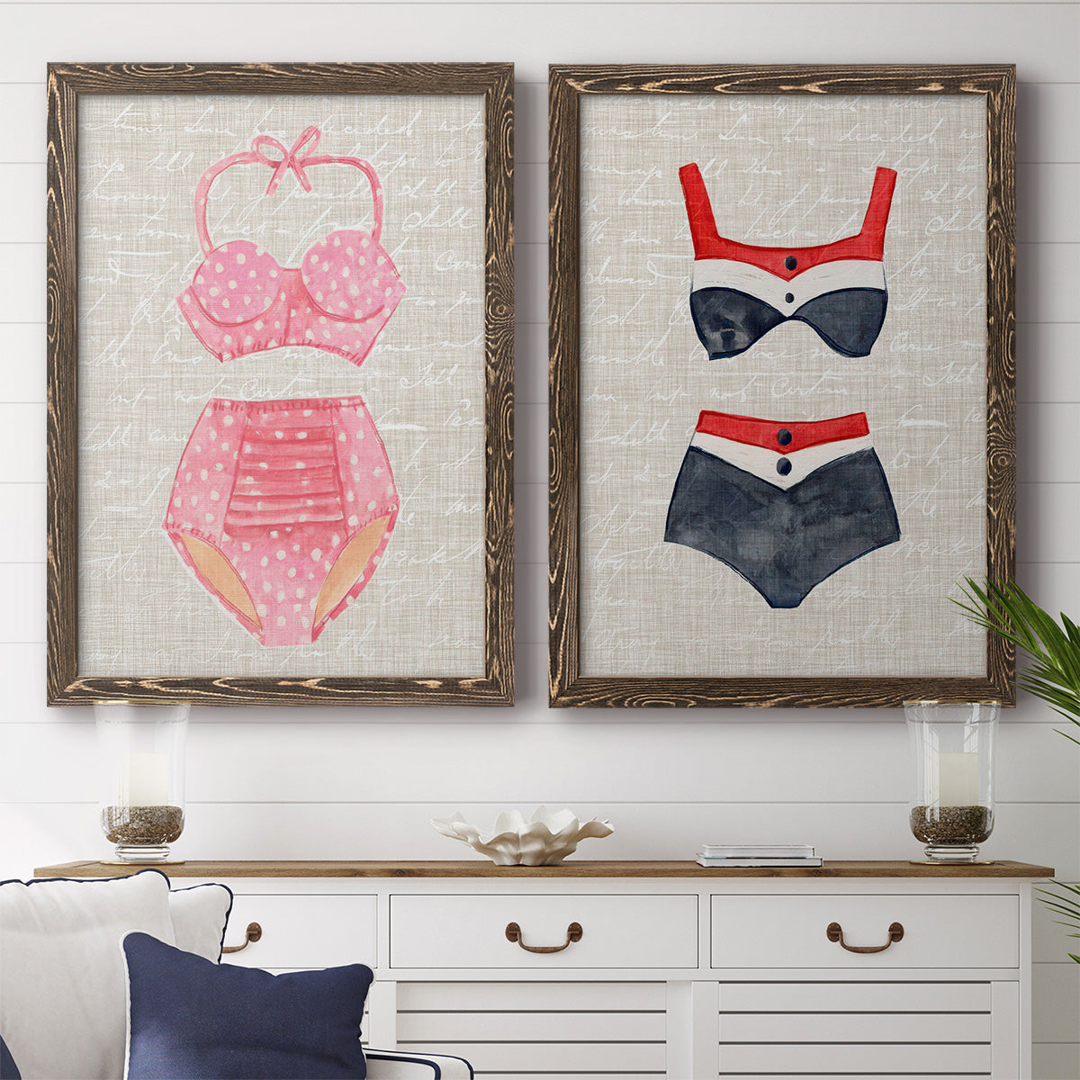 Vintage Swimming I - Premium Framed Canvas 2 Piece Set - Ready to Hang