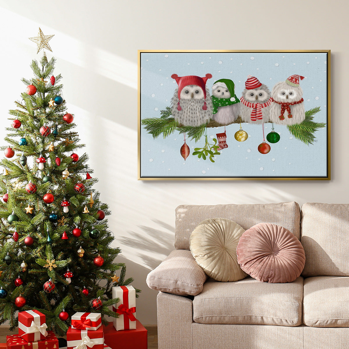 Christmas Fluffy Christmas Owls on Branch - Framed Gallery Wrapped Canvas in Floating Frame