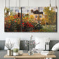 Three-panel canvas wall art featuring farm buildings in rural normandy, displayed in a modern living room above seating.