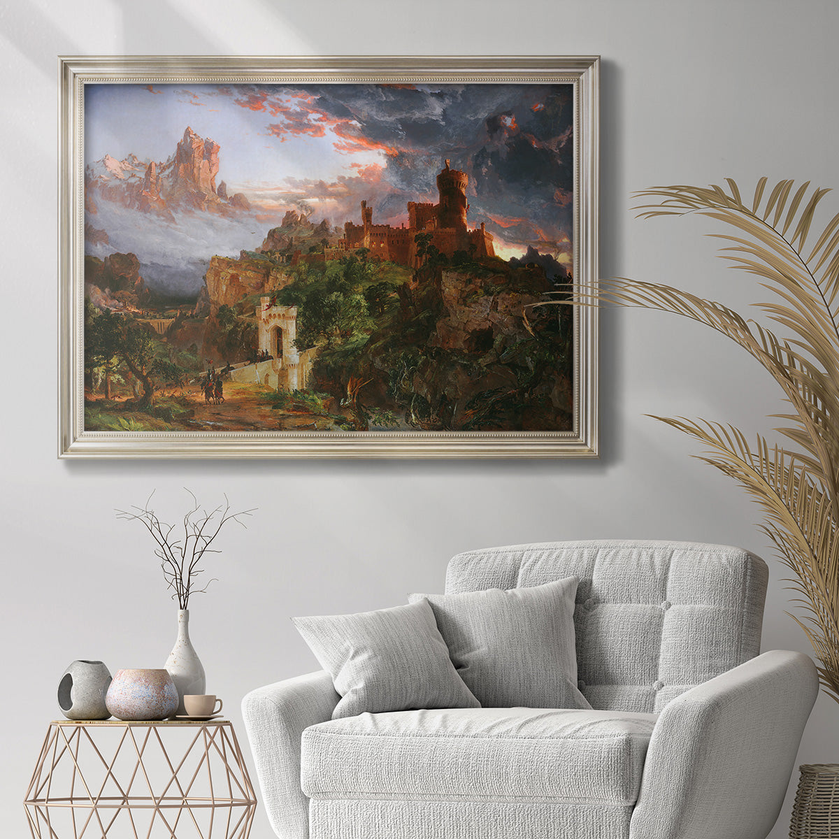Romantic allegorical landscape painting by Jasper Francis Cropsey in an ornate champagne frame displayed in a bright interior setting.