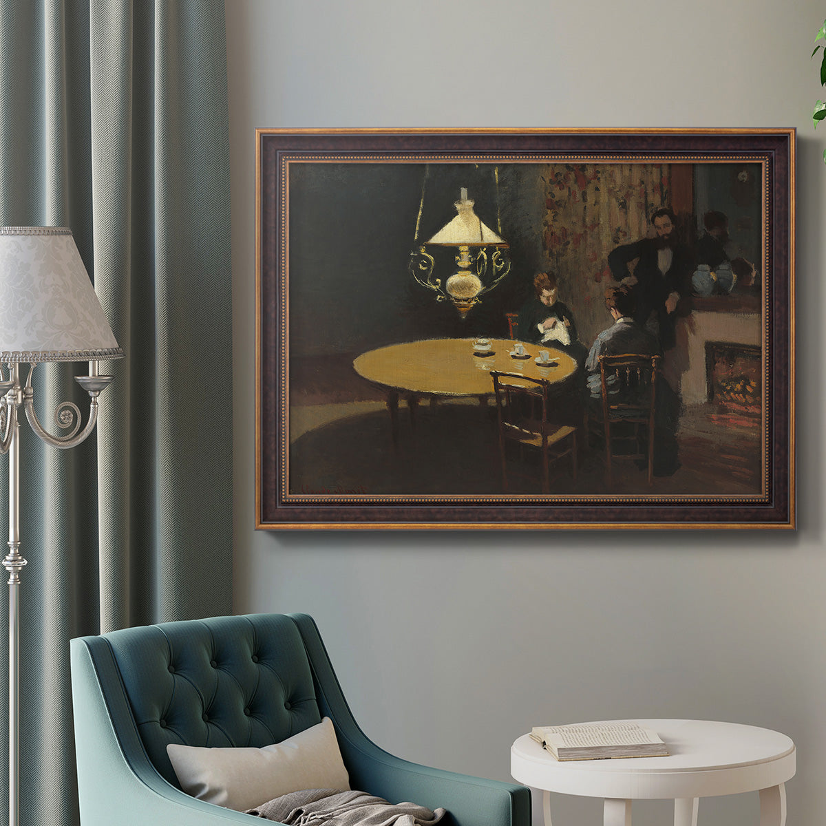 Impressionist domestic interior scene by Claude Monet in an ornate bronzed mahogany wood frame displayed in a bright interior setting.
