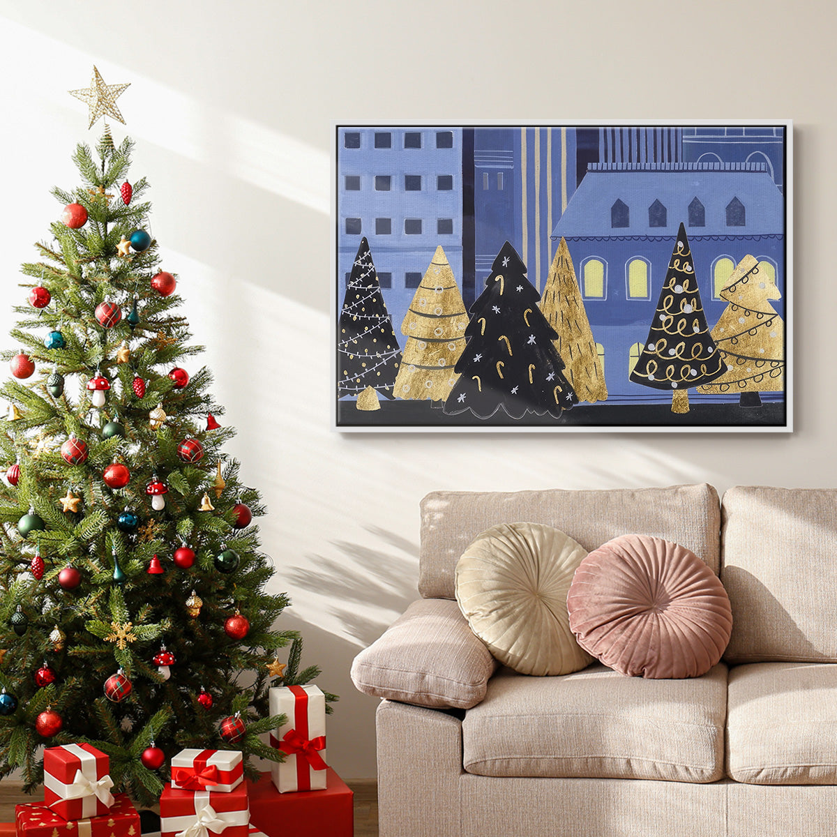 Holiday Night Collection A - Framed Gallery Wrapped Canvas in Floating Frame