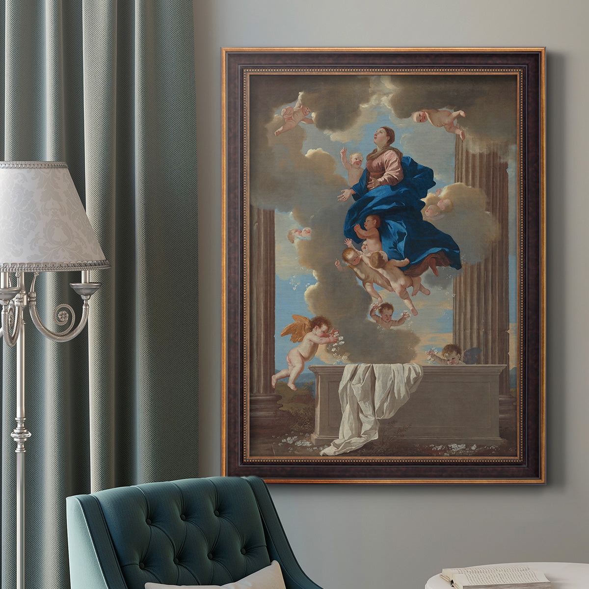 Classical religious depiction of the Assumption of the Virgin by Nicolas Poussin in an ornate bronzed mahogany wood frame displayed in a dark-toned interior setting.
