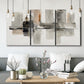 Three-panel canvas wall art featuring urban abstract watercolor oasis, displayed in a modern living room above seating.