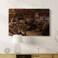 Canvas wall art of a dramatic composition of a chaotic gathering in an ornate hall positioned above a console.