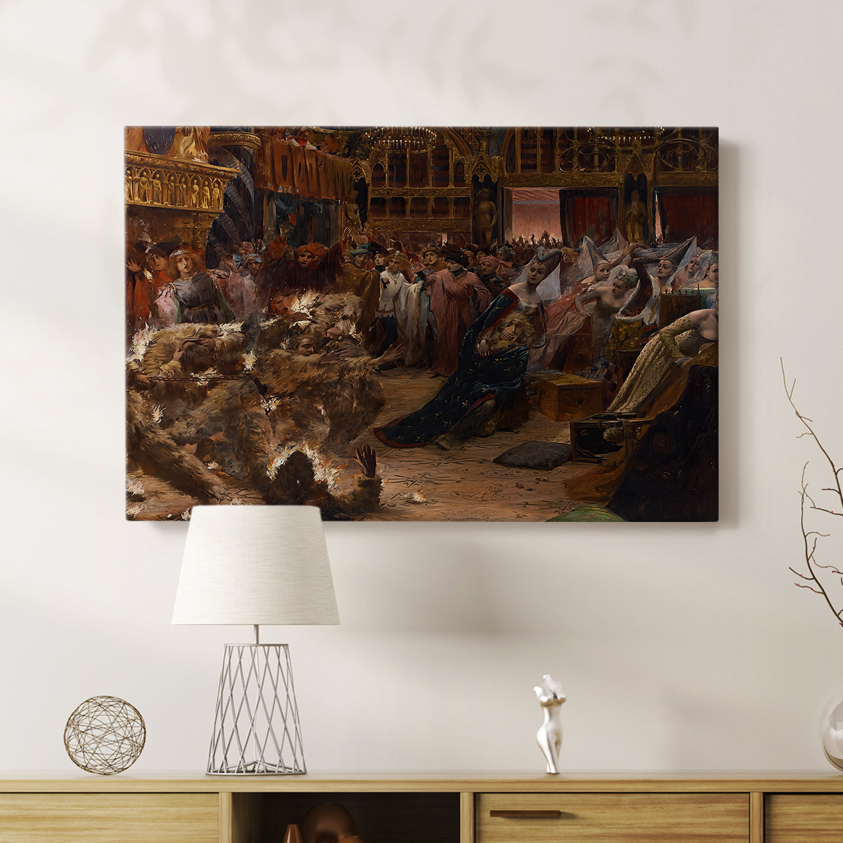 Canvas wall art of a dramatic composition of a chaotic gathering in an ornate hall positioned above a console.