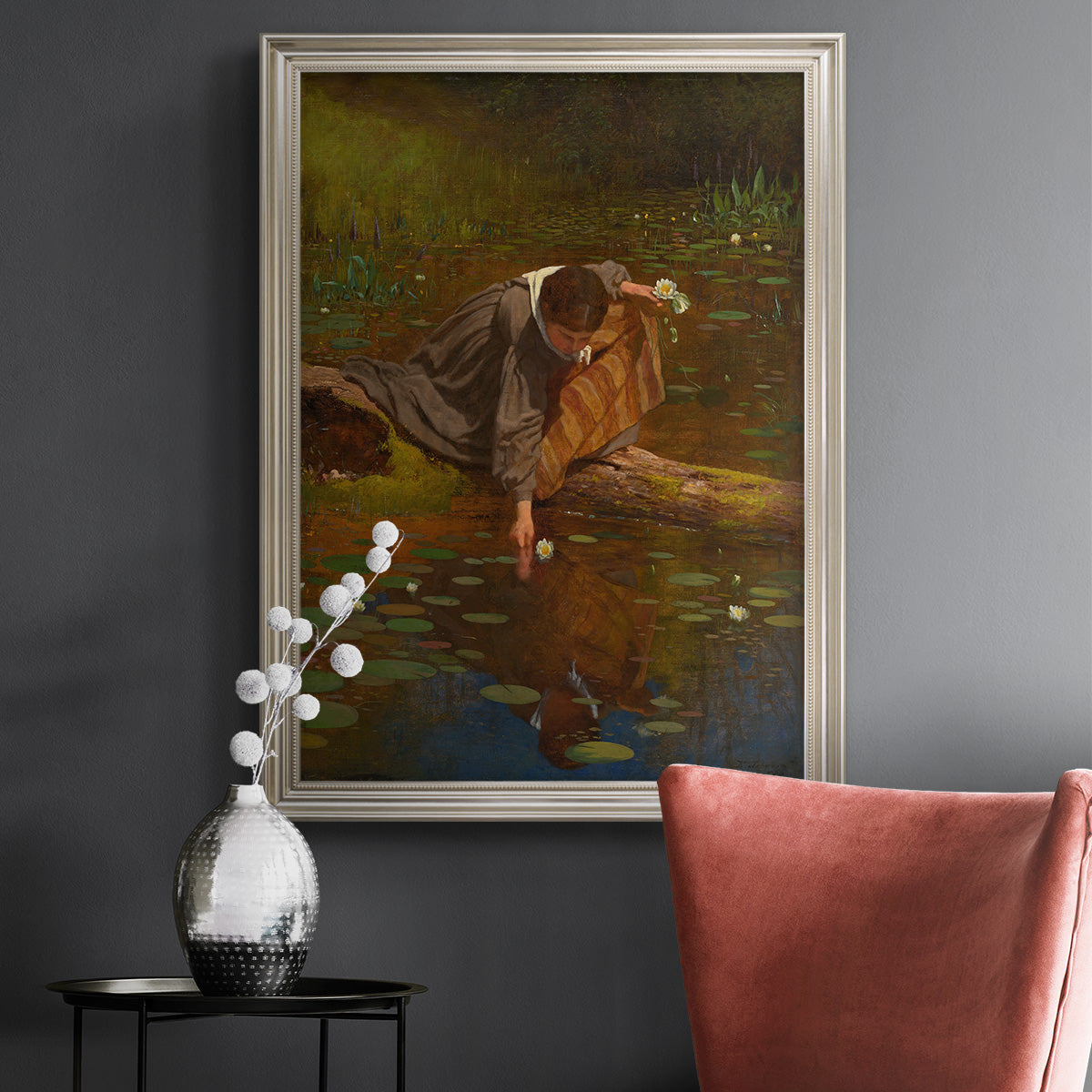 Realist genre painting of figures gathering lilies by Eastman Johnson in an ornate champagne frame displayed in a dark-toned interior setting.