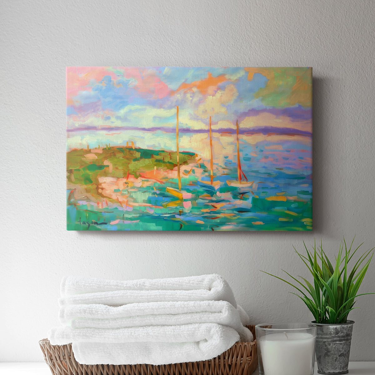 Colorful seascape with boats and vibrant skies over a coastal landscape in late afternoon light