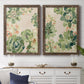 Set of two walnut barnwood framed canvas prints depicting a coordinated art pair of dense repeating succulents and small flowers rendered as decorative botanical pattern prints above a dining room sideboard.
