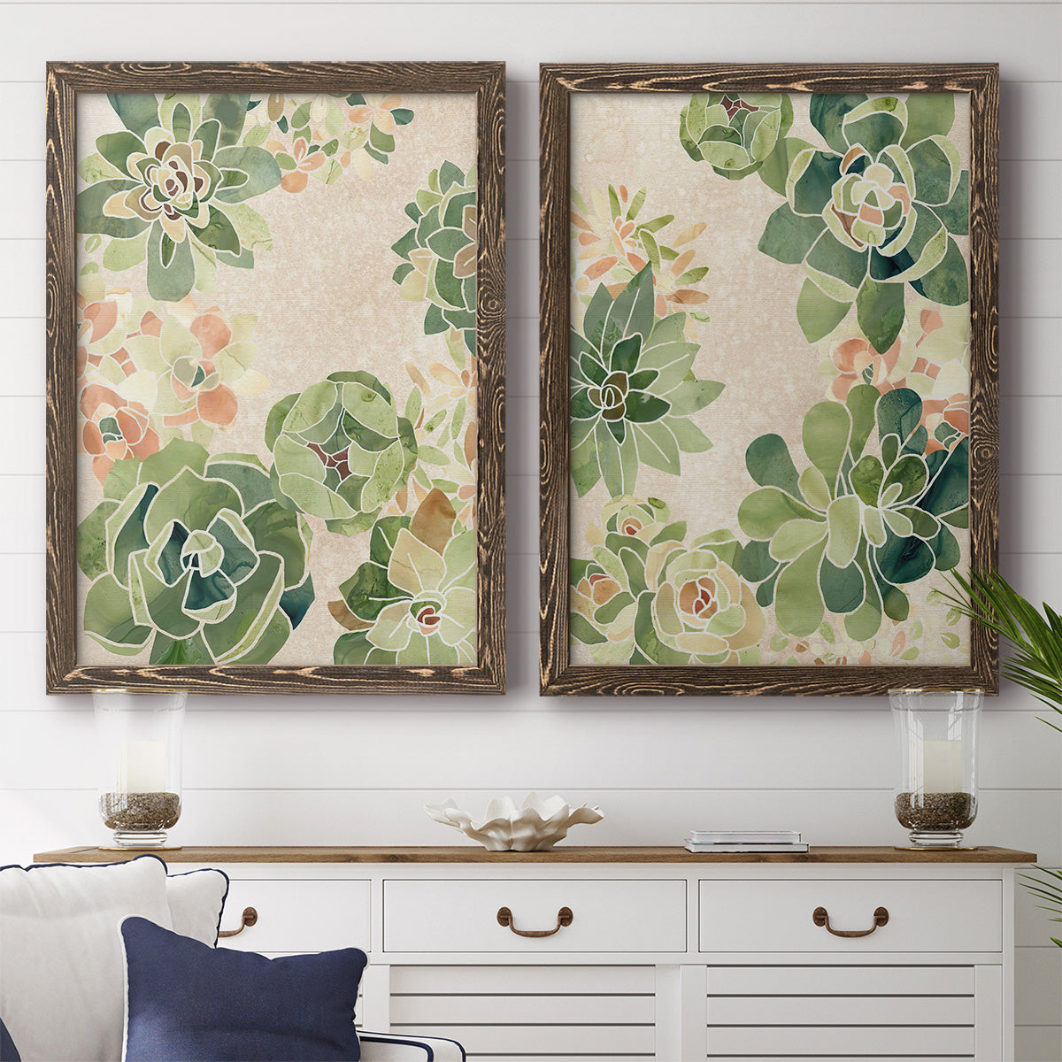 Set of two walnut barnwood framed canvas prints depicting a coordinated art pair of dense repeating succulents and small flowers rendered as decorative botanical pattern prints above a dining room sideboard.