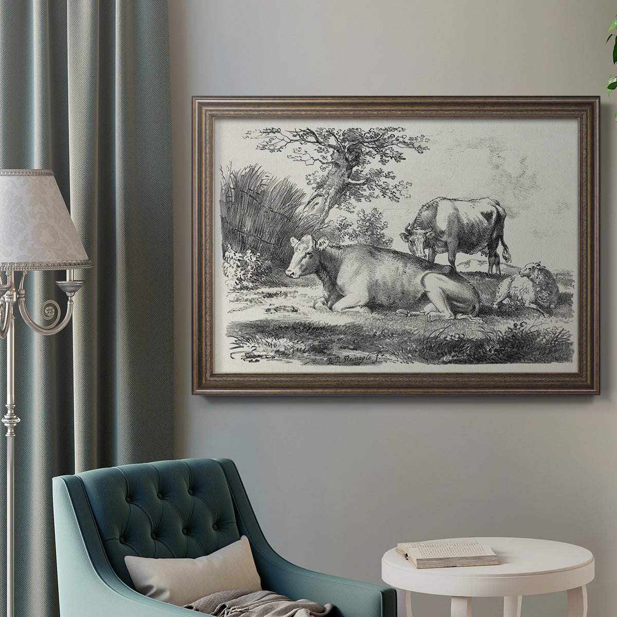 Classical pastoral landscape artwork by Nicolas Berchem in an ornate traditional bronze frame displayed in a neutral interior setting.