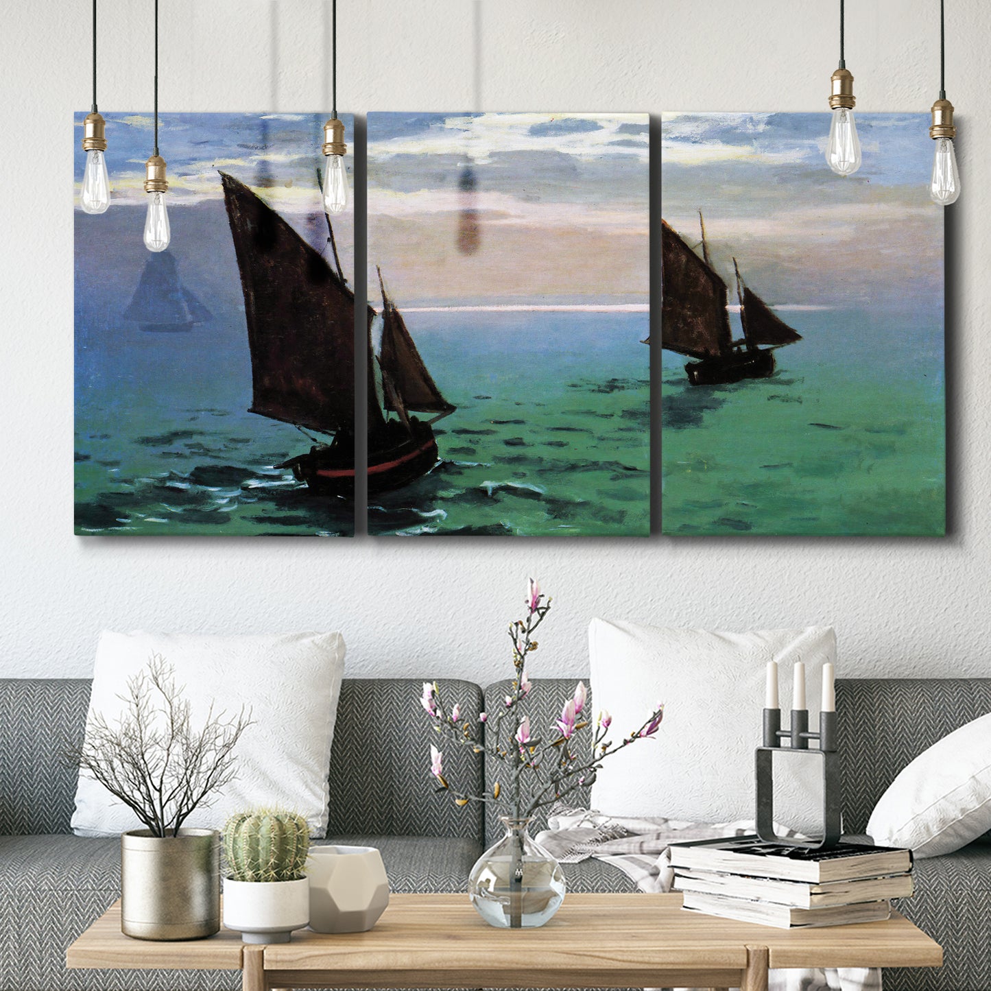 Three-panel canvas wall art featuring fishing boats moving through open sea, displayed in a modern living room above seating.